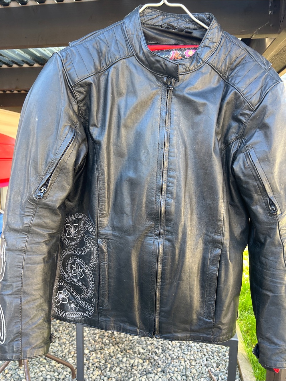 Women’s armoured Black Leather riding Jacket with Embroidered Side Panels